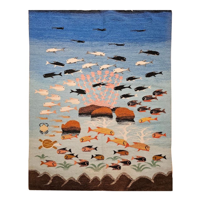 Vintage Hand-Woven Kilim Area Rug, Pictorial Ocean Scene Wall Art, 41” x 55” For Sale