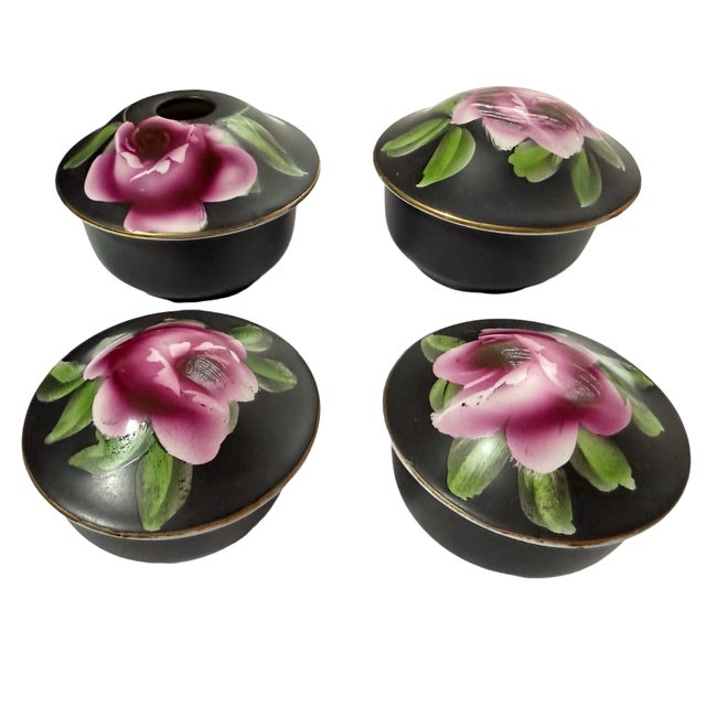 Midwinter Rare Vintage Midwinter Burslem "Porcelon" Vanity Set - 6pc Black & Pink Rose Art Deco For Sale - Image 4 of 10
