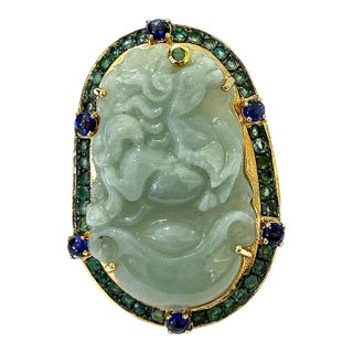 Bochic “Orient” Vintage Jade, Sapphire, Emerald Cocktail Ring Set in 18k Gold & Silver Size 8 For Sale