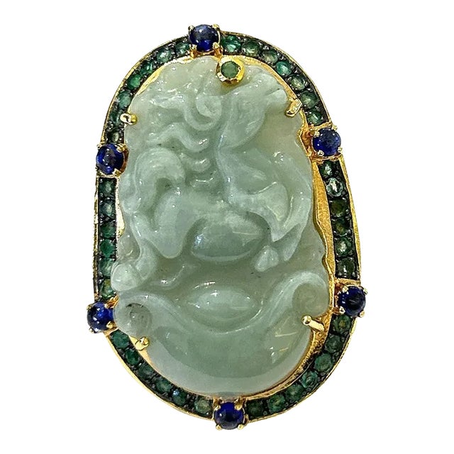 Bochic “Orient” Vintage Jade, Sapphire, Emerald Cocktail Ring Set in 18k Gold & Silver Size 8 For Sale