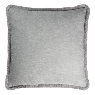 Grey with Grey Fringes Happy Linen Pillow by LO DECOR for Lorenza Briola For Sale
