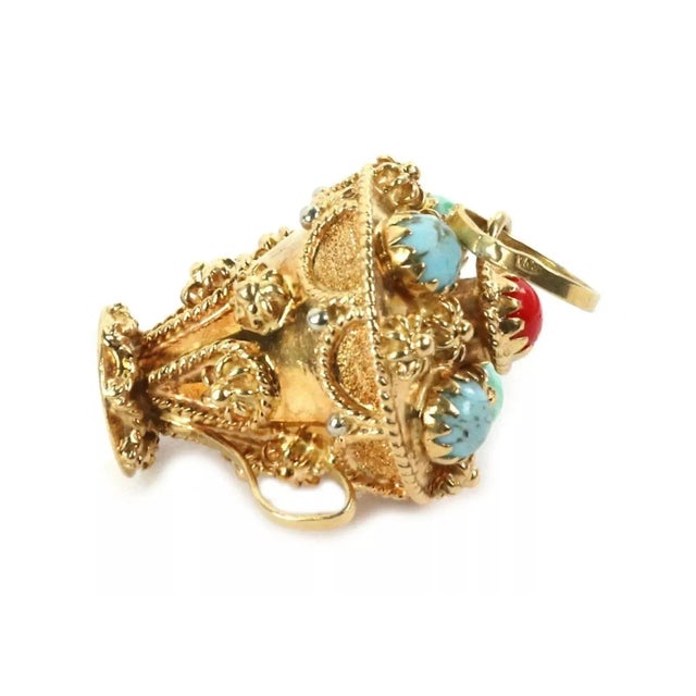 Late 20th Century Turquoise & Coral 18k Gold Etruscan Design Champion Cup Charm Pendant For Sale - Image 5 of 6