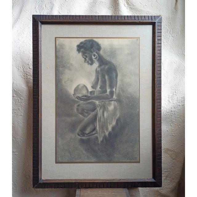 Figurative Vintage Mid-Century Figurative Charcoal Drawing of Kneeling Figure With Glowing Orb – Signed "Fryson" For Sale - Image 3 of 8