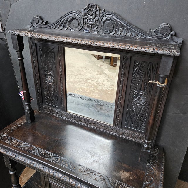 Victorian Late 19th Century Carved Oak Victorian Hall Table With Mirror and Column Supports For Sale - Image 3 of 18