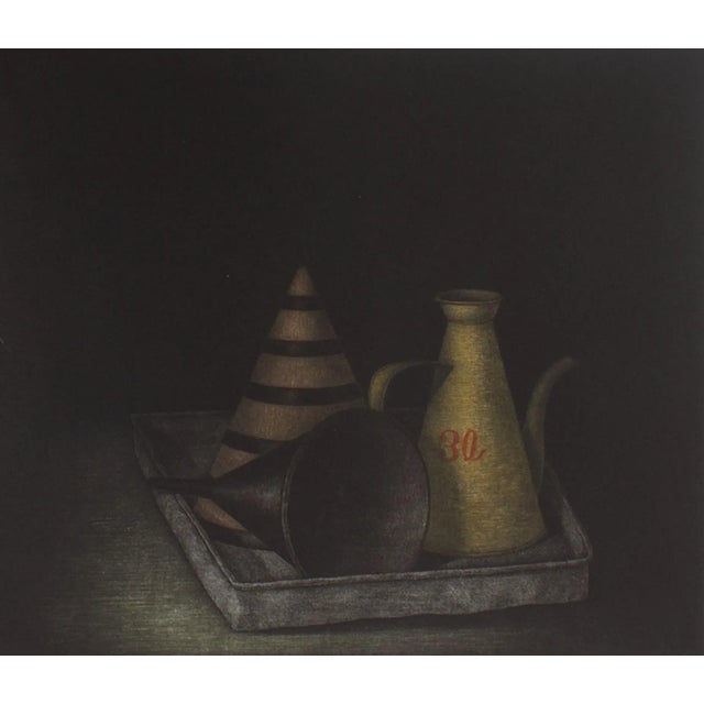 An artist's proof mezzotint print by the Japanese artist Tomoe Yokoi (born 1942). Titled Oil Vessel, this broody still...