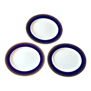 Vintage Royal Worcester Imperial Bone China 22 Karat Gold Cobalt Blue Dinner Serving Plates- Set of 3