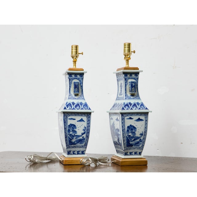 1920s Blue and White Porcelain Table Lamps, Asian - Pair For Sale - Image 11 of 11