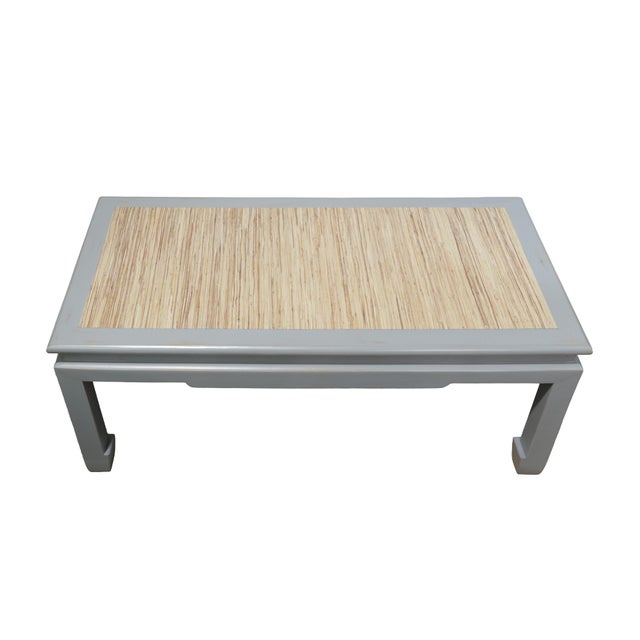 Early 21st Century Vintage Ming-Style Grey Painted Coffee Table With Raffia Tabletop For Sale - Image 5 of 11