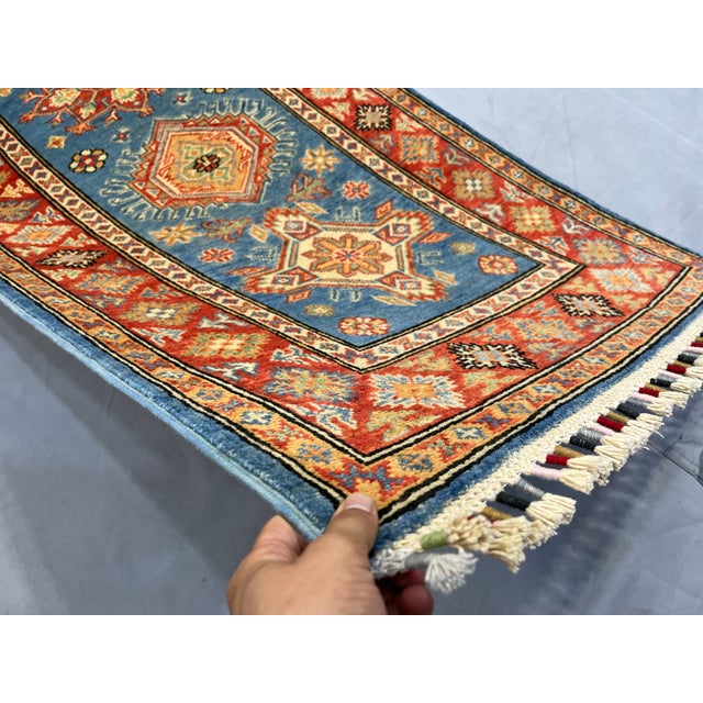 Blue and Rust Red Kazak Wool Runner Rug, Tribal Hallway Rug, 2'9" X 9'9" For Sale - Image 4 of 16
