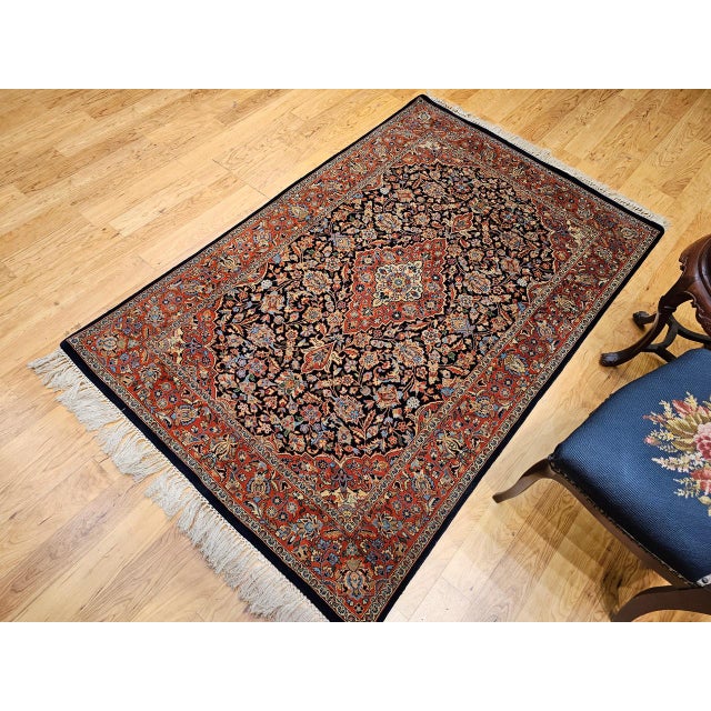 Persian Vintage Kashan Rug, Hand-Knotted Wool & Cotton, Floral Pattern, Navy & Brick-Red, 4x6 For Sale - Image 3 of 16