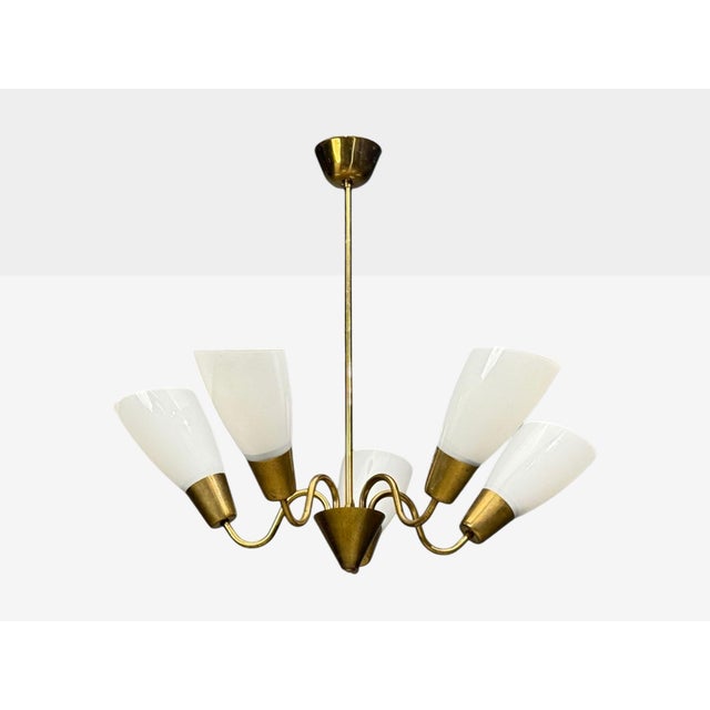 1940s Itsu, Finnish Modern, Chandelier, Brass, Glass For Sale - Image 4 of 11