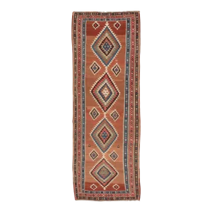 Antique Persian Kurdish Kilim Gallery Runner With Geometric Medallion Design