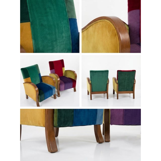 1930s Art Deco Armchairs in Vibrant Multi-Color Velvet Patchwork, Set of 2 For Sale - Image 5 of 7