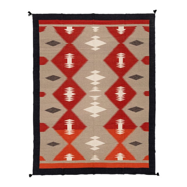9x12 Modern Navajo-Inspired Wool Flat-Weave Rug in Terracotta & Cream For Sale