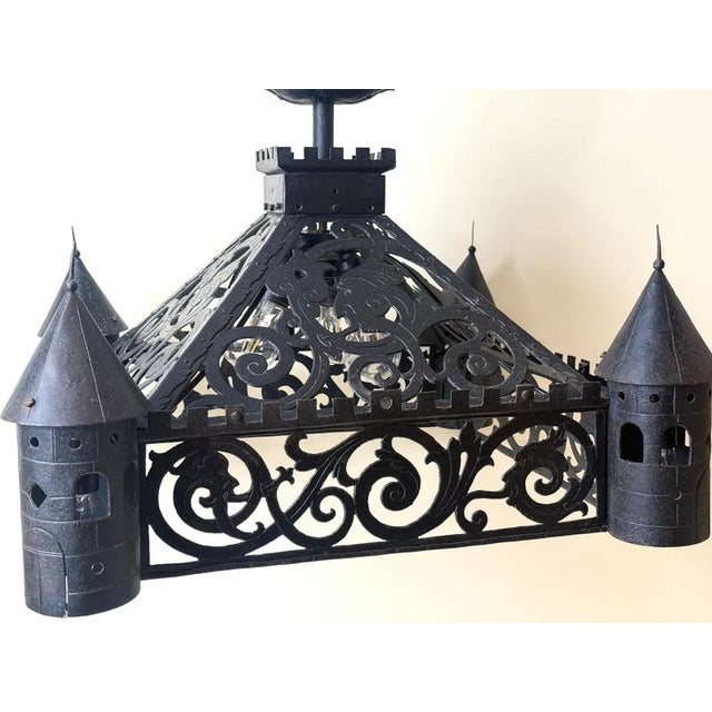 Early 20th Century Antique Gothic Revival Wrought Iron Castle Chandelier with Turrets, 1910 For Sale - Image 5 of 18