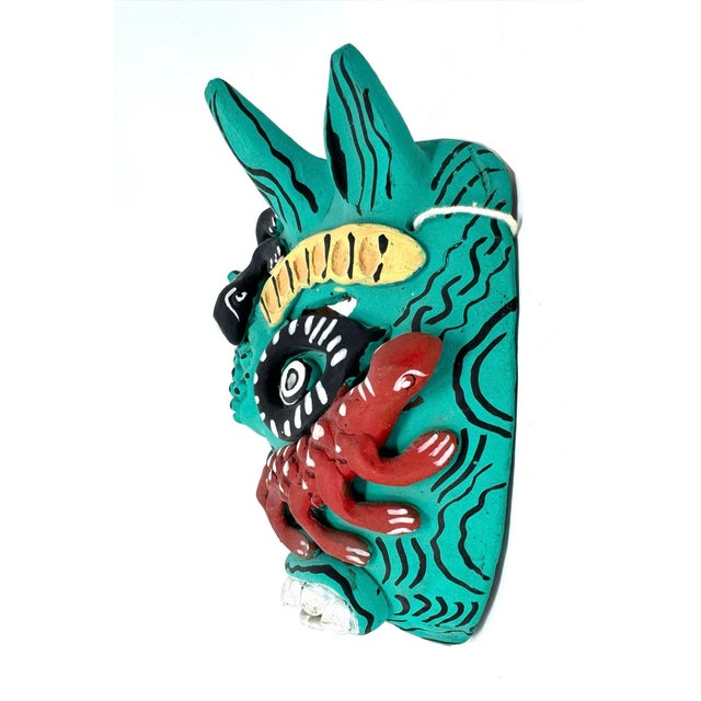 Turquoise-Colored Clay Devil Mask From Ocumicho, Michoacán, Mexico - 8" H X 7" W X 4" D For Sale - Image 4 of 9