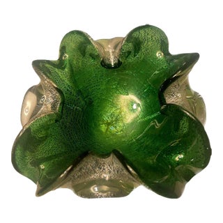 Murano Attributed Valter Rossi Mid-Century Metallic Green-Gold Scalloped Glass Trinket Dish, 1960’s For Sale