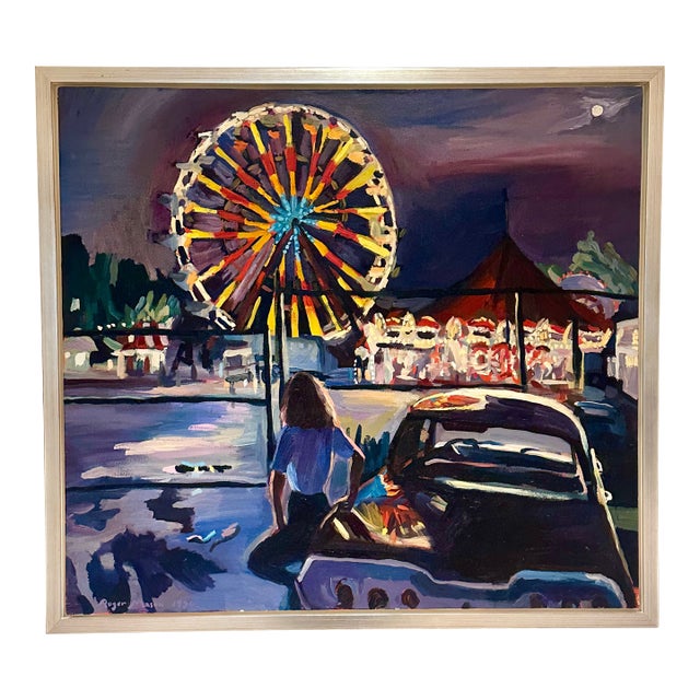 1990s Roger Mason – “Girl Looking at Ferris Wheel” (1990) | Oil on Canvas, 33″ × 30″, Framed For Sale