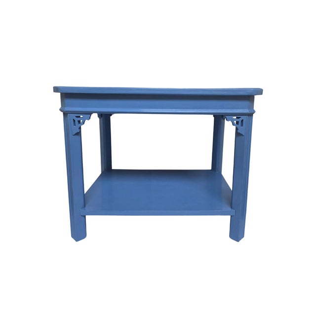 1970s 1970s Wedgewood‑Blue High‑Gloss Chippendale Table • Coastal Chinoiserie Accent For Sale - Image 5 of 7