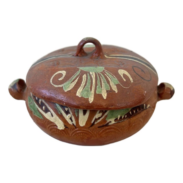 Hand Painted Mexican Terracotta Bowl With Lid Stamped Made in Mexico For Sale