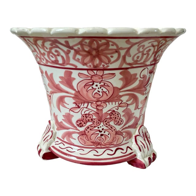 Vintage Ceramic Hand,-Painted Floral Cache-Pot or Planter. Made in Spain. Pink, Red, White. For Sale