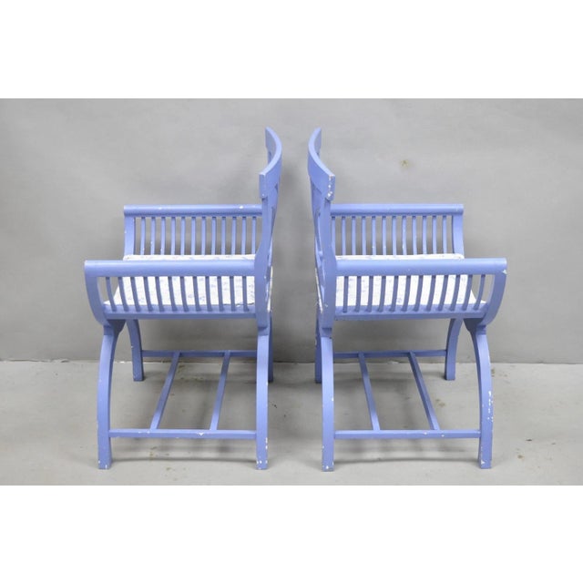 Vintage Hollywood Regency Italian Style Blue Curule X-Frame Arm Chair - A Pair For Sale - Image 13 of 15