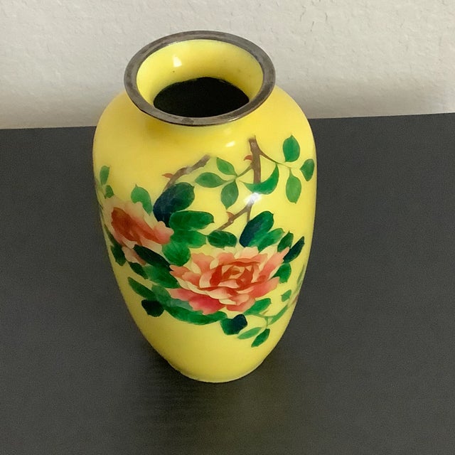 Asian Yellow Cloisonne Enamel Rose Metal Vase For Sale - Image 11 of 13