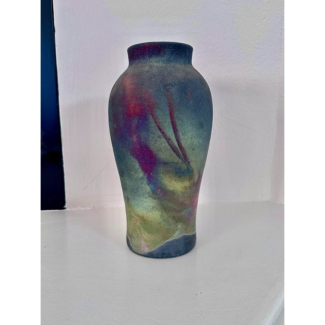 Mid 20th Century Colorful Raku Pottery Vase With Sleek Silhouette For Sale - Image 5 of 7