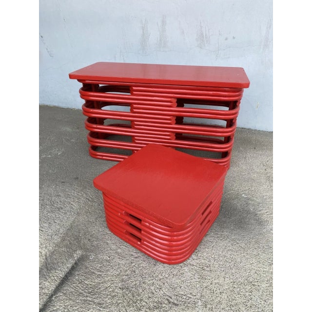 Restored Red Six-Strand Square Pretzel Loveseat Sofa & Table Livingroom Set For Sale - Image 12 of 12