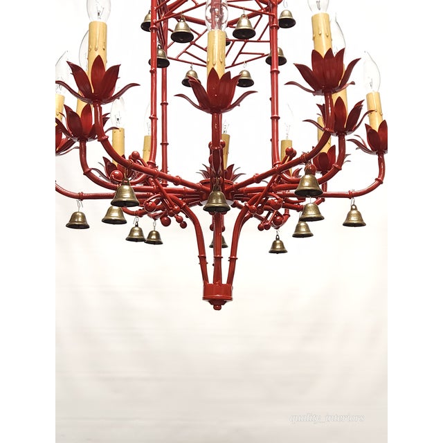 Immense Vintage Italian Tole Faux Bamboo Pagoda Lattice Brass Bell Chandelier ~ Rewired ~ Restored ~ Rejuvenated ~ Ready to Hang ~ For Sale In South Bend - Image 6 of 12