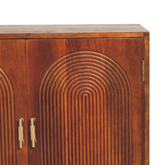 Mid-Century Modern Chestnut Mango Wood Cabinet With Carved Arch Doors For Sale - Image 3 of 8