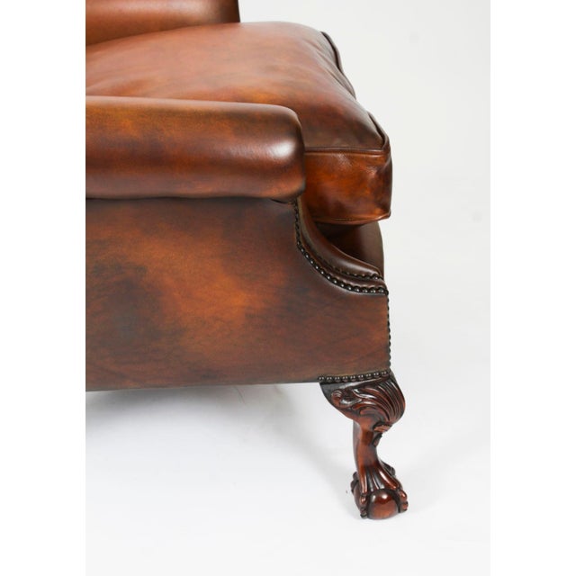 Brown Antique Chippendale Revival Wingback Armchairs in Leather, 1920s, Set of 2 For Sale - Image 8 of 18