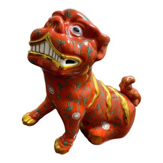 Herend Red Dynasty Foo Dog Guardian Lion Red Ground Hand Painted Porcelain For Sale