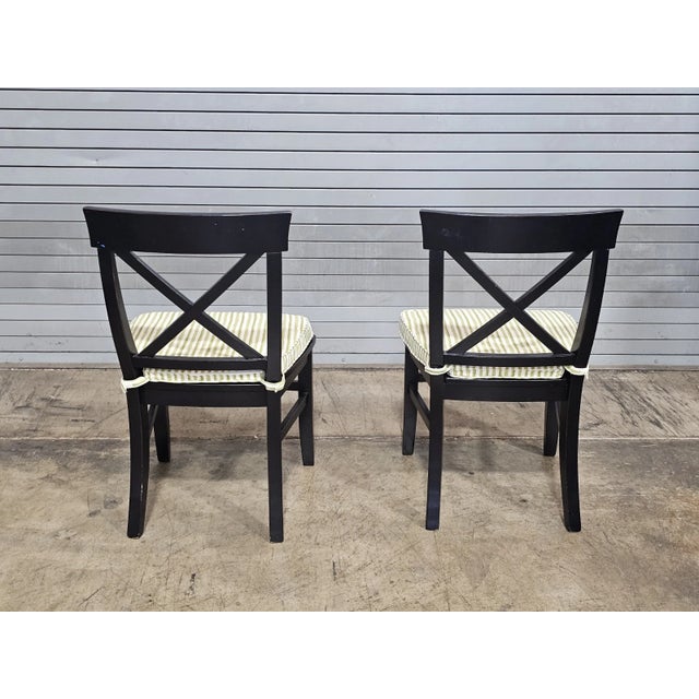 Set of 6 Pottery Barn Black X Back Dining Chairs With Green Striped Padded Seats For Sale - Image 10 of 13