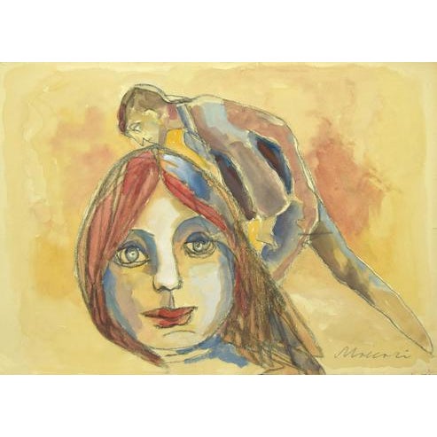 "The Kiss" is an original hand colored drawing on ivory-colorated paper by Mino Maccari (1898-1989). In excellent...