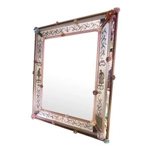 Venetian Nobles Figures With Flowers Hand-Carving Mirror Murano Glass