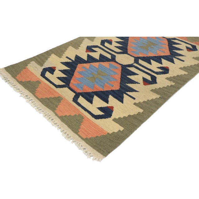 Vintage Persian Shiraz Kilim Rug with Bohemian Tribal Style 01'11 x 02'11. Full of tiny details and a bold expressive...