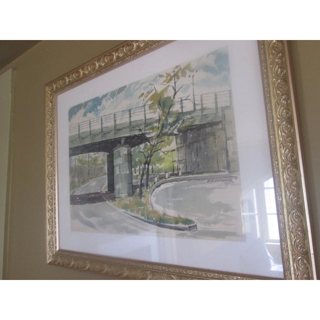 Lefkowitz Mid-Century Water Color of East Coast Bridge, d.s. Lefkowitz For Sale - Image 4 of 6