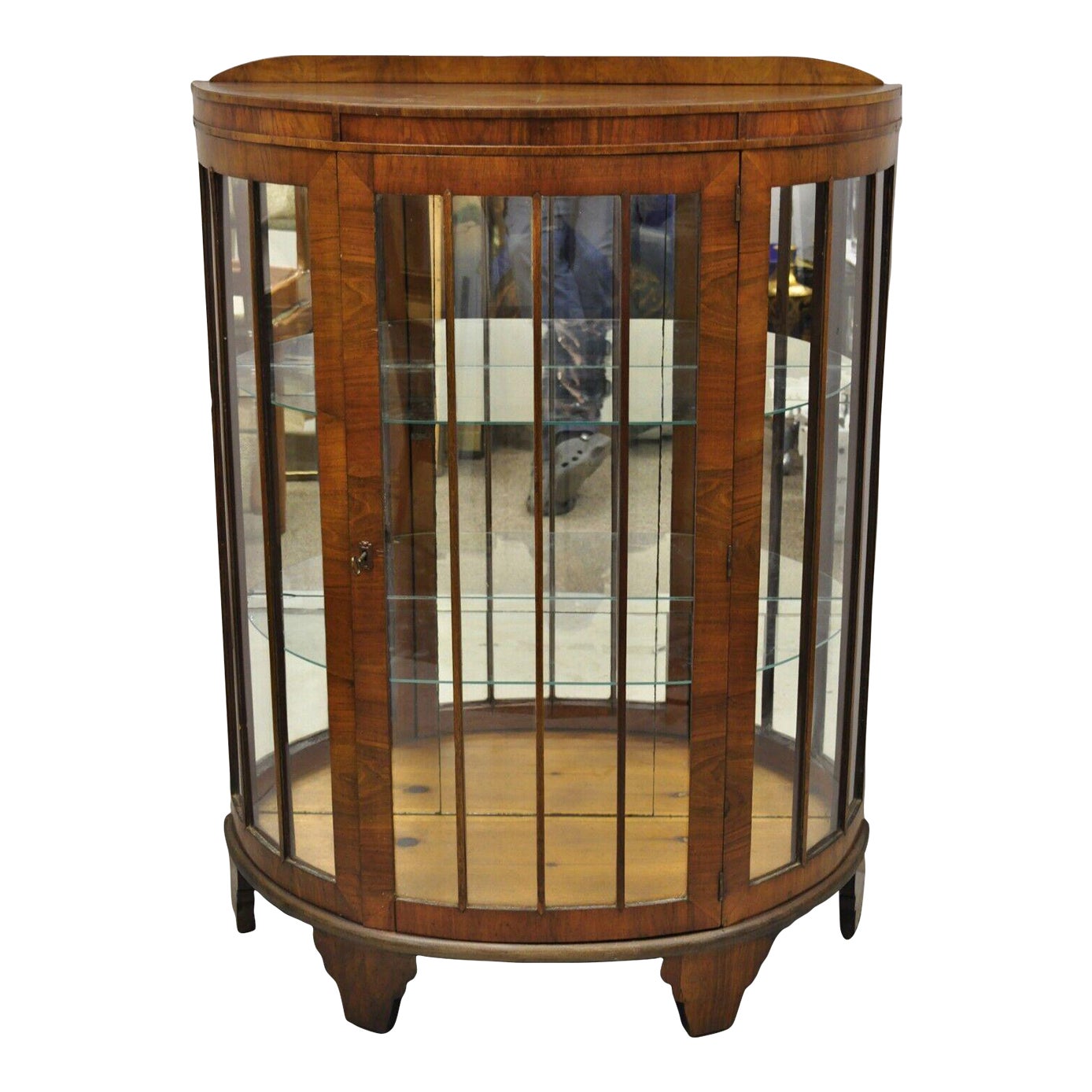 Antique Art Deco Small Half Round Demilune Walnut Curio Display