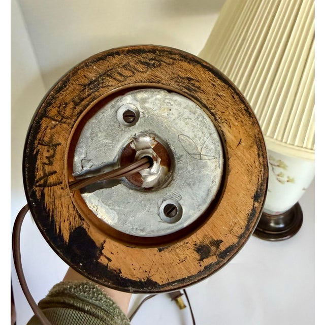 Vintage Chinese Chinoiserie Porcelain Table Lamps With Birds, Chrysanthemums & Pleated Shades - a Pair For Sale - Image 12 of 12