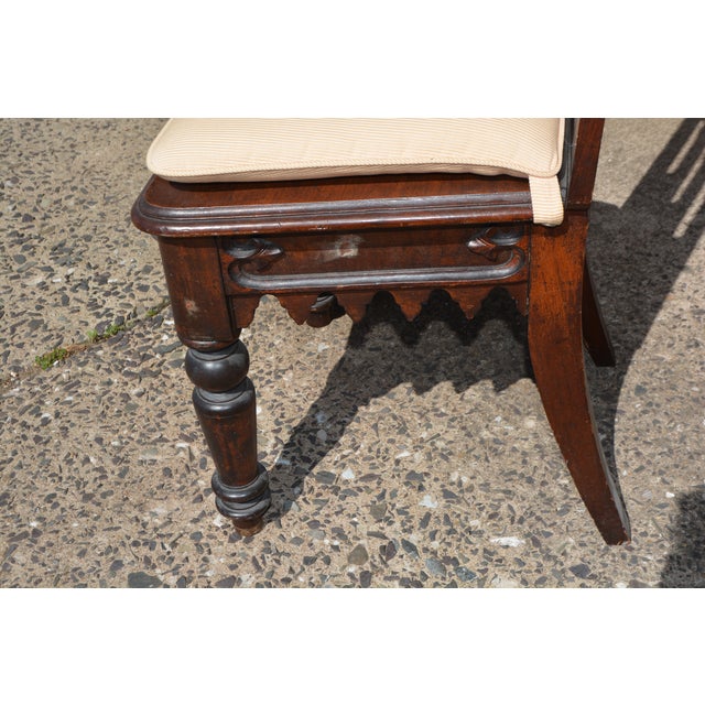 Wood Vintage Pair Gothic Revival Carved Cathedral Arches Dark Wood Hall / Side Chairs W/ Cushions For Sale - Image 7 of 18