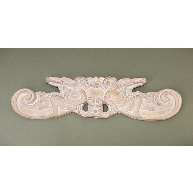 MId Century Chalkware, Baroque Over Door Pediment, Putti-Cherubs, Trumpets, Gargoyle Face 21.5" Wide For Sale - Image 14 of 18