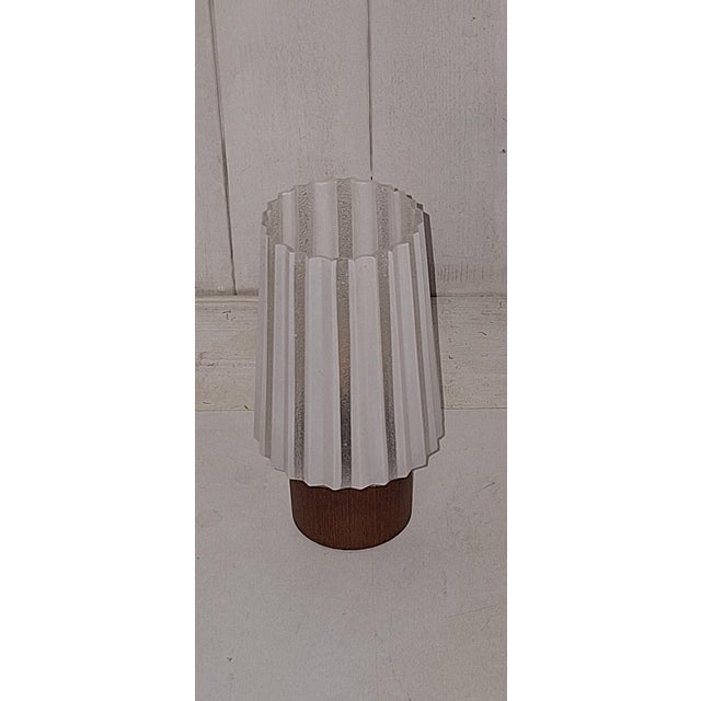 Mid-Century Table Lamp with Teak Base and White Striped Glass Shade, 1960s For Sale - Image 4 of 7