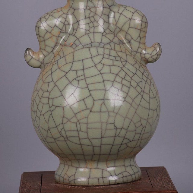 Chinese Ceramic Vase Ge Ware Crackle Glaze Celadon Double Ears Vase For Sale - Image 9 of 9