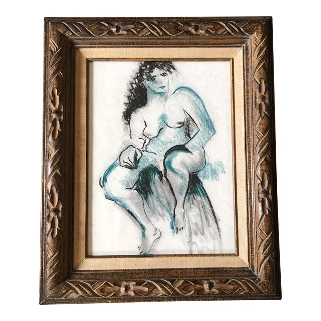 1970’s Vintage Female Nude Pastel Drawing Vintage Carved Wood Frame For Sale