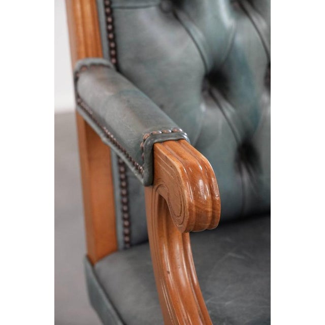 English Style Chesterfield Swivel Desk Chair in Light Blue Cowhide and Wood For Sale - Image 11 of 18
