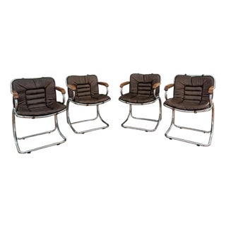 1970s Gastone Rinaldi Tubular Chrome Leather Dining Chairs, 4 Pieces, Attributed For Sale