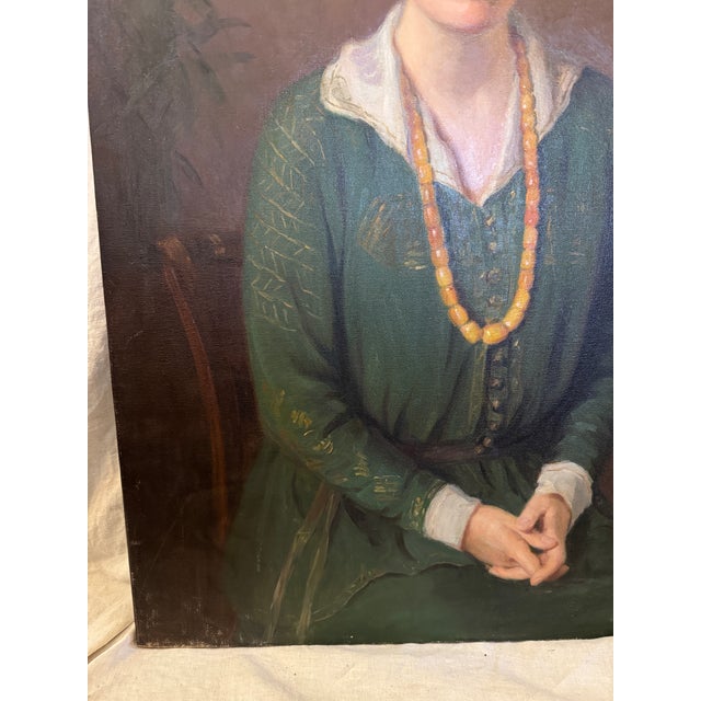 1920s 1920s/30s Large Antique Portrait Woman Oil Painting Canvas For Sale - Image 5 of 12