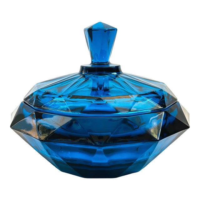 Viking Glass Bluenique Diamond Point Lidded Bowl For Sale