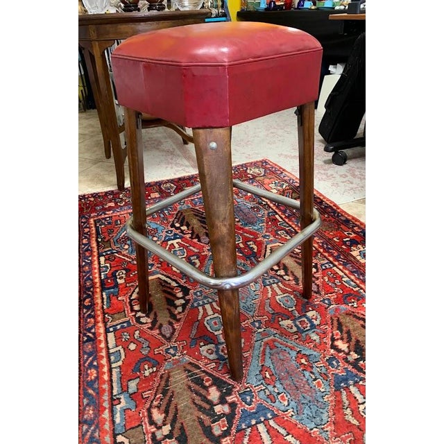 Mid-Century Modern Mid-Century Modern “Moderne Seating Co.” Red Leather Bar Stool – Chrome & Wood For Sale - Image 3 of 6